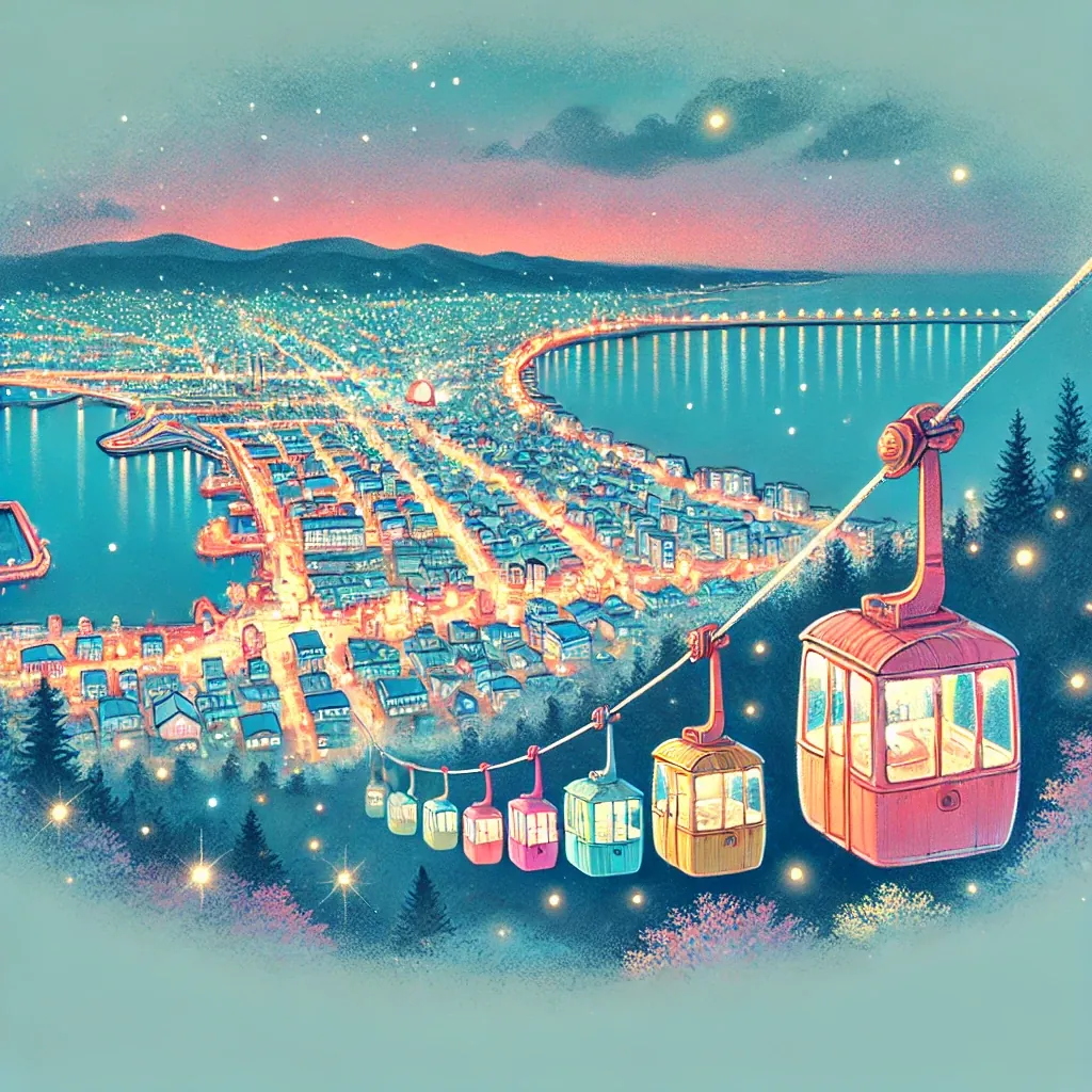函館山のロープウェイと函館の夜景のイラスト